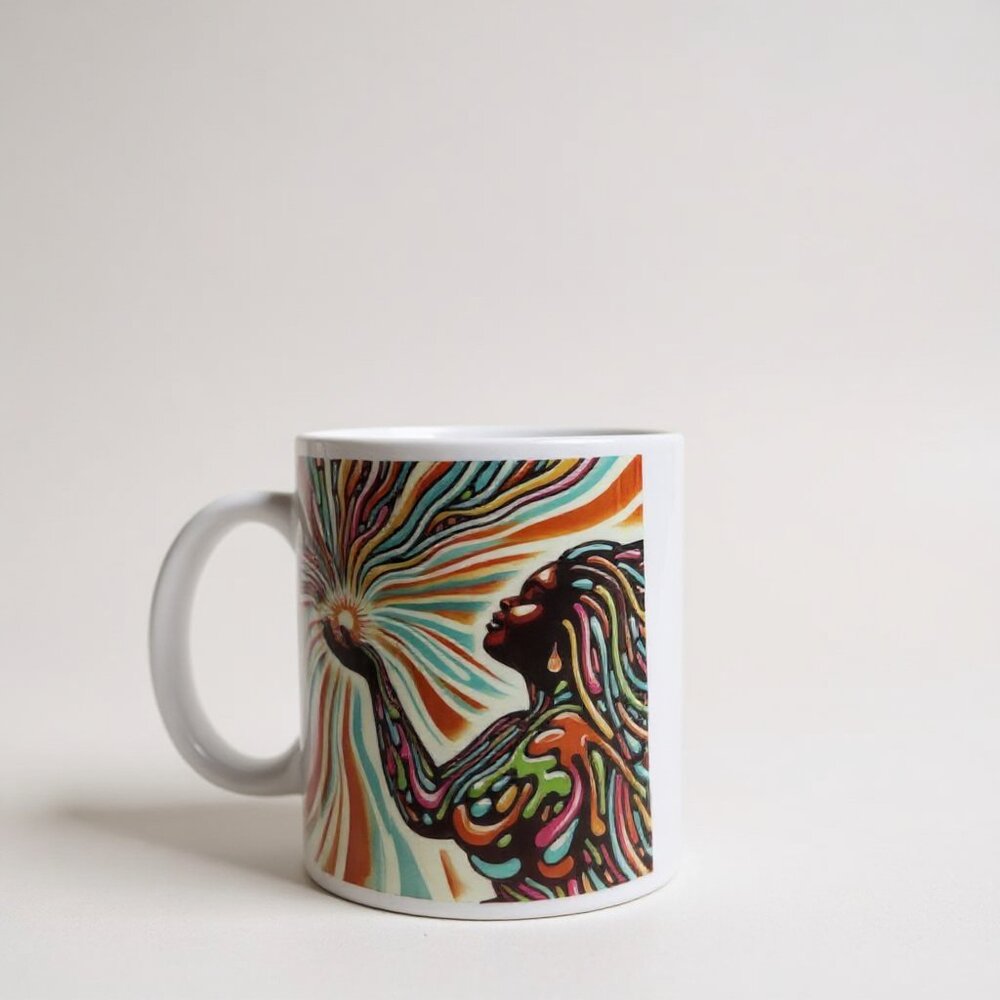 Female Empowerment Mug of A Female Basking In A Colorful Sunray